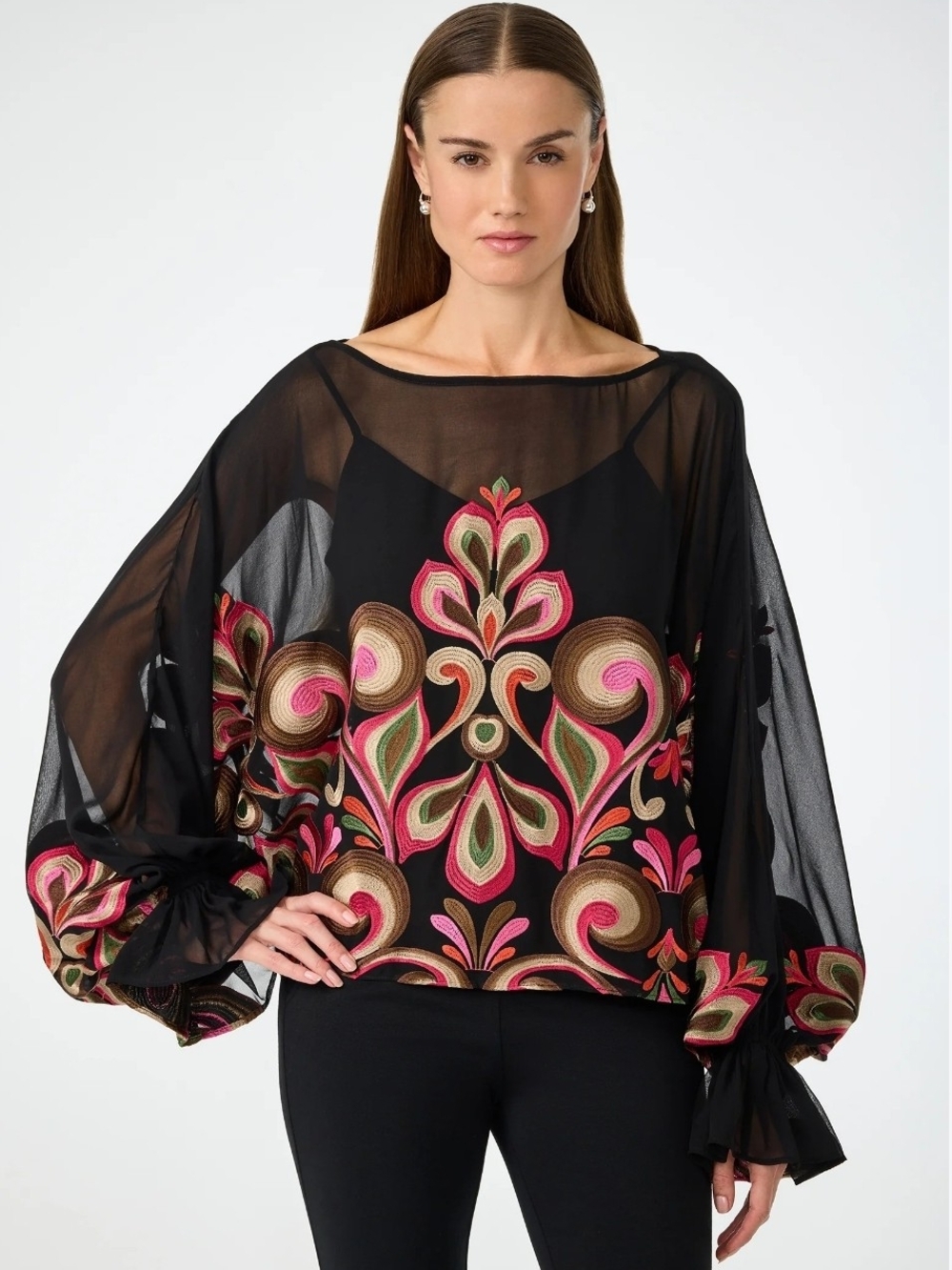 Trina Turk Soho Top is a stylish black georgette blouse featuring Embroidery L